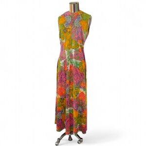 Vintage 1970s DayGlo Colorful Neon Floral Maxi Dress High Neck